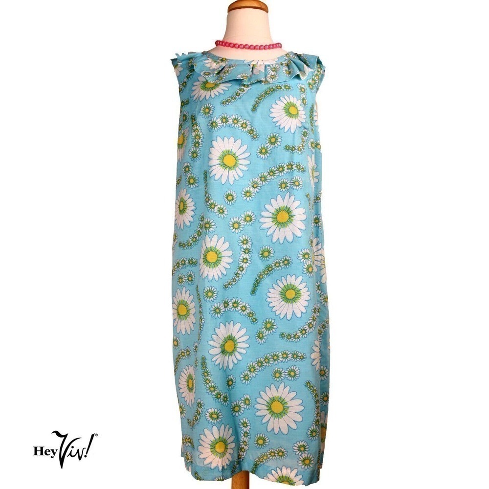Vintage Sleeveless Daisy Print Dress w Ruffle Neckline Metal Zip Sz XL - Hey Viv